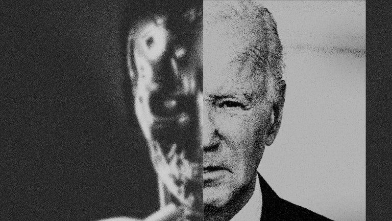 Illustration of President Joe Biden's face layered over the Terminator