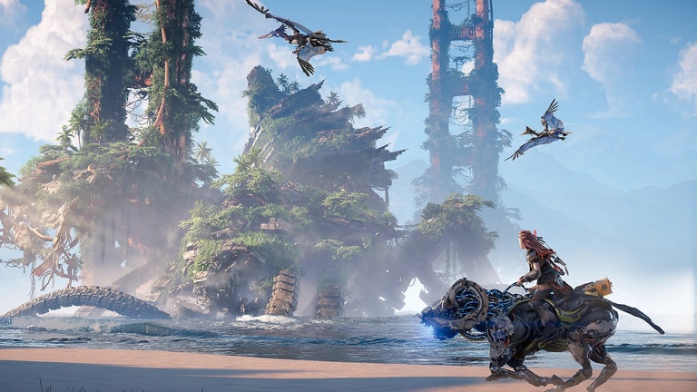 Screenshot of Horizon Forbidden West featuring character riding armored animal looking at ancient ruins.